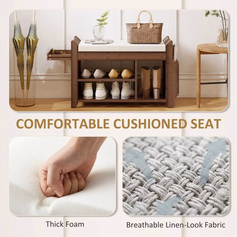 VOGREX Modern Brown and Beige Cushioned Shoe Bench with Back Panel, W: 80 cm, H: 50 cm, D: 30 cm – 3
