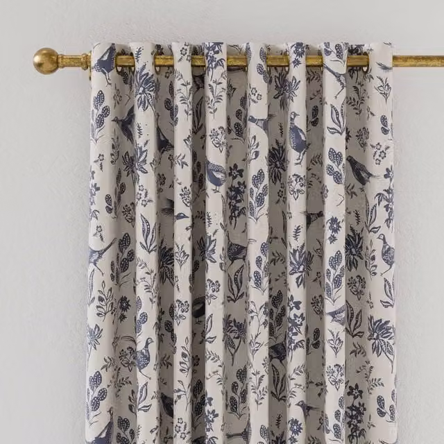Joules Festival Pheasants Blue and Silver Blackout Eyelet Curtains, W: 167.64 cm, H: 228.6 cm