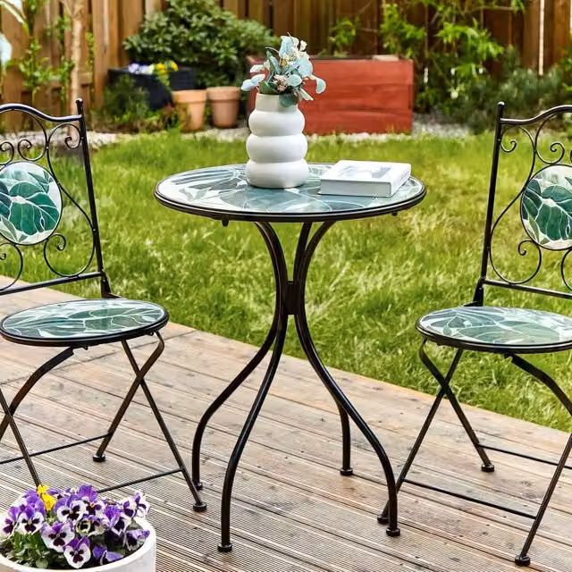Wyld and Coco Vintage Green Mosaic Bistro Set with Black Metal Frame – 1