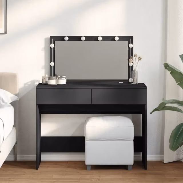 Berkfield Home Modern Black Dressing Table with Hollywood LED Mirror W/D/H: 100 x 40 x 120 cm