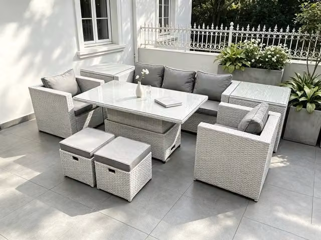Fimous Rattan Garden Furniture Set with Adjustable Height Lifting Table, Sofa, Dining Set, 2 Side Tables and Stools in Light Grey