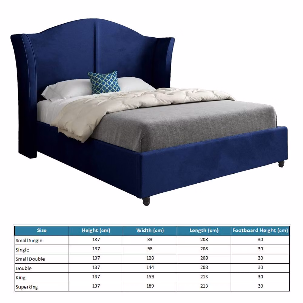 KDMD Yorkley Curved Winged Upholstered Designer Bed Frame in Blue Velvet, Size: Single (W/D/H: 90 x 200 x 137 cm) – 5