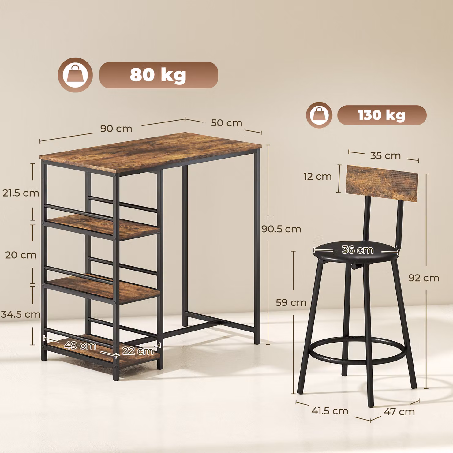 HOMCOM 3 Piece Breakfast Bar Table Set with Storage Shelves and PU Leather Stools in Rustic Brown – 3