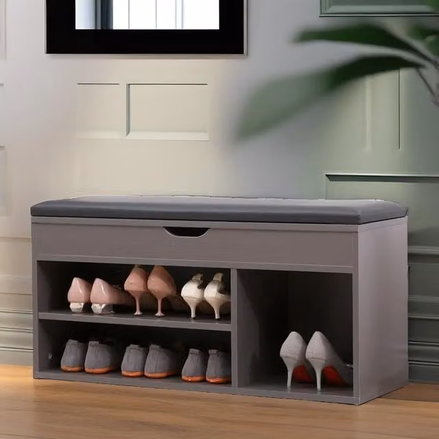Pirlo Plush Grey Upholstered Shoe Storage Bench W/D/H: 60 x 30 x 45 cm