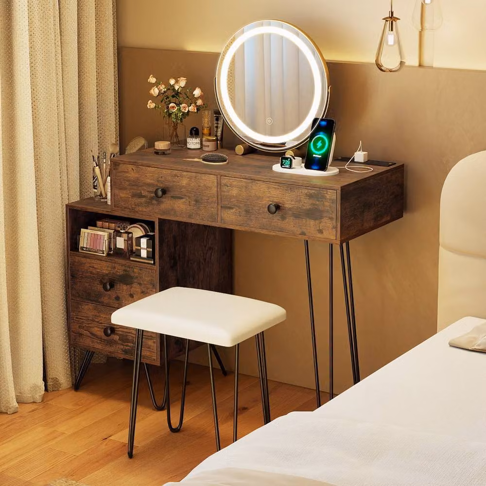 Gymax Modern Dressing Table and Stool Set with Hollywood LED Mirror in Brown – 2
