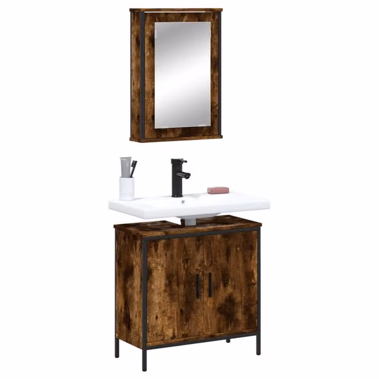 Berkfield Home 2 Piece Industrial Bathroom Furniture Set in Smoked Oak Brown featuring Mirror Cabinet and Vanity Unit