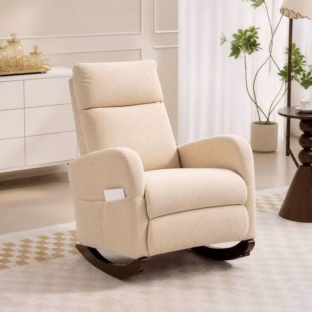 STILVORA Beige Corduroy Rocking Chair with Armrests and Side Pockets
