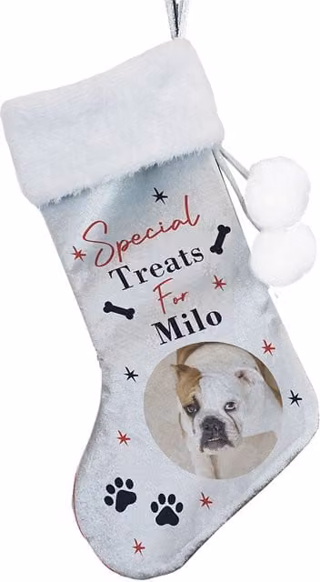 Personalised Memento Company Personalised Dog Christmas Stocking in Grey and White
