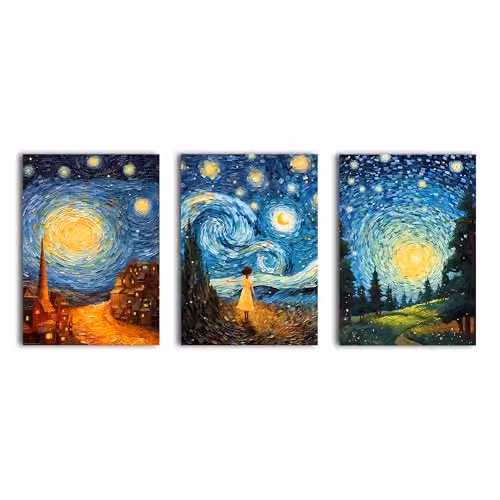 Simpa 3 Panel Canvas Wall Art, Blue and Multicolour Starry Night Inspired Abstract Painting, W/H: 60 x 40 cm per panel – 1