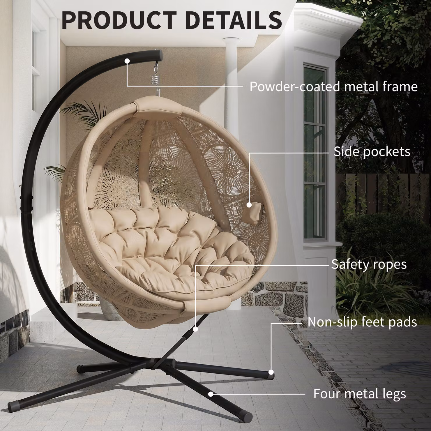 Outsunny Round Egg Basket Lounge Chair with Powder Coated Steel Stand and Beige Cushions – 6