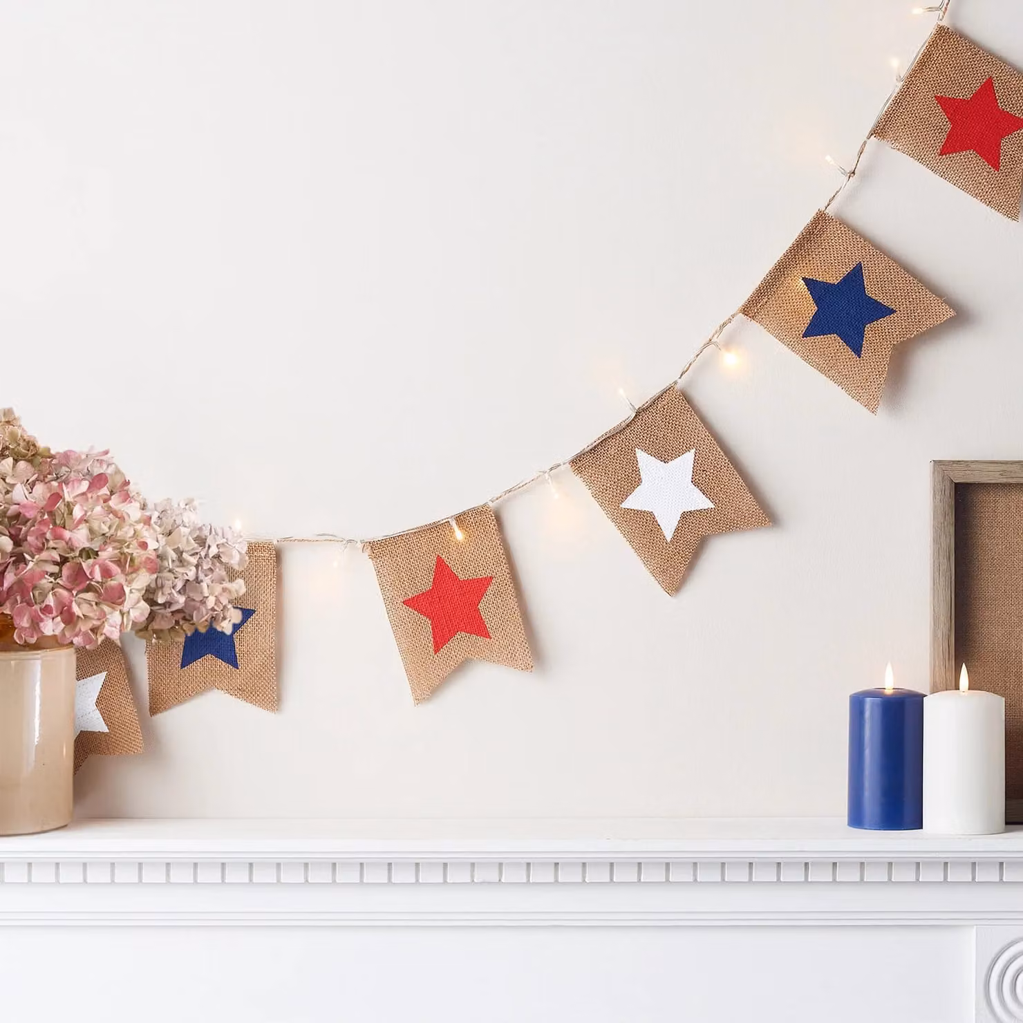 Lights4fun Red, White and Blue Star LED Fabric Bunting with Timer