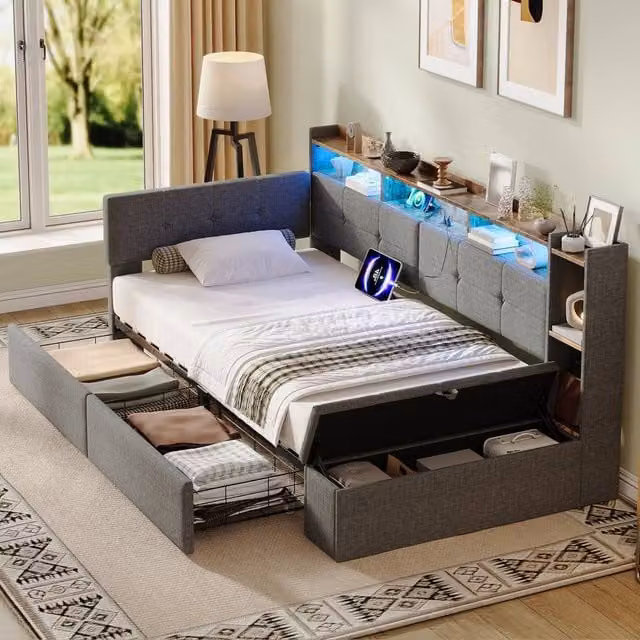 Merax 3ft Single Corner Daybed with Ottoman, LED Lighting and USB Charging Station in Grey, W/D/H: 90 x 190 x 220 cm – 1