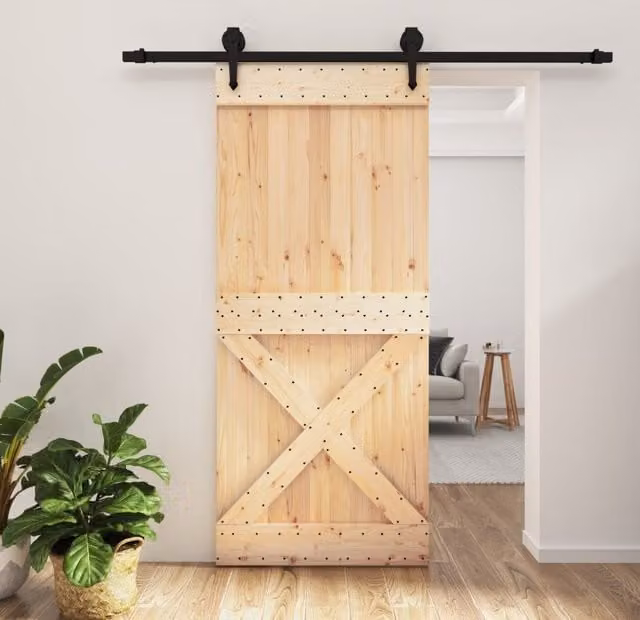 Berkfield Home Rustic Solid Wood Pine Sliding Door with Hardware Set, Brown, W: 90 cm, H: 210 cm – 1