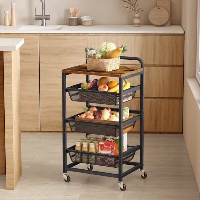 VASAGLE 4-Tier Kitchen Storage Cart with Pull-Out Baskets, Rolling Trolley, Ink Black, W: 40.0 cm, D: 31.7 cm, H: 76.0 cm