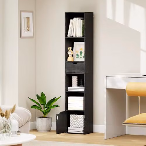 HOMCOM 6-Tier Slim Black Bookcase with Drawer, W/D/H: 30 x 24 x 158 cm – 9