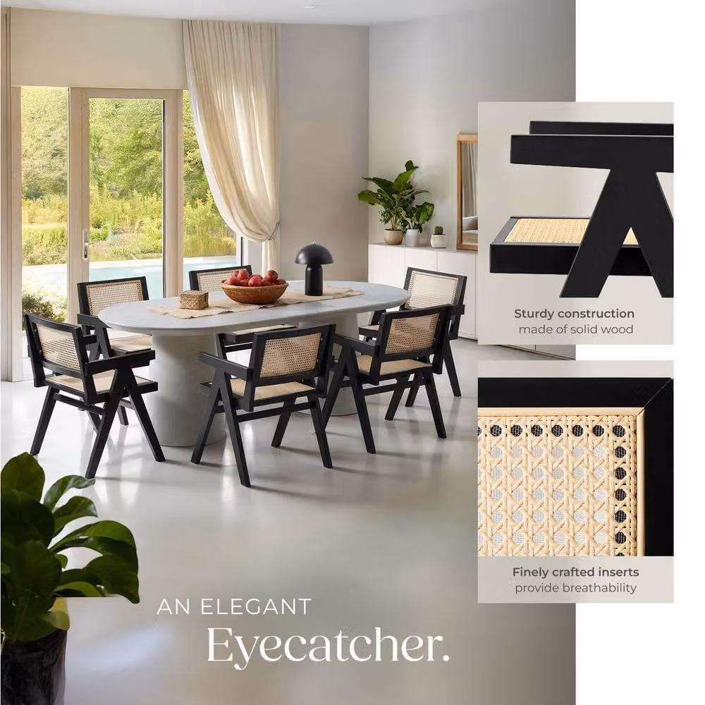 tectake Lizzy Set of 6 Mid-Century Dining Chairs with Armrests in Black Rattan-Style Synthetic Leather and Wood – 4
