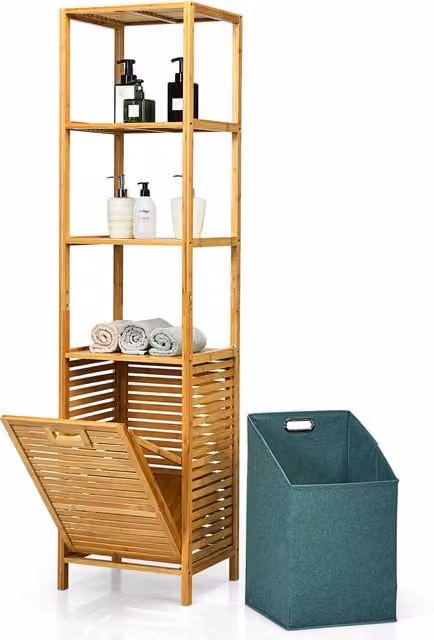 Costway Bamboo Tower Hamper Organiser with Handles in Beige and Brown