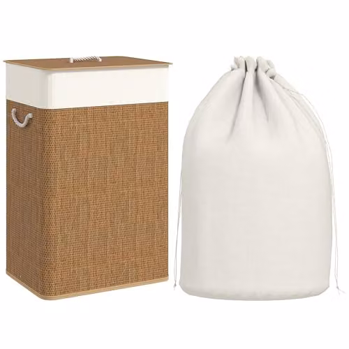 HOMCOM Bamboo Laundry Basket with Lid and Removable Washable Fabric Liner, Brown, 72L