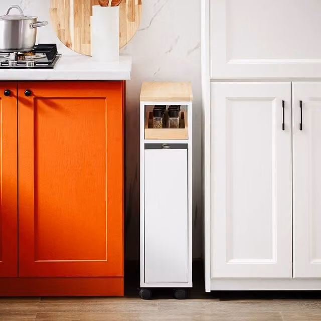 SoBuy Slim Rolling Storage Cabinet with Wood Top in White