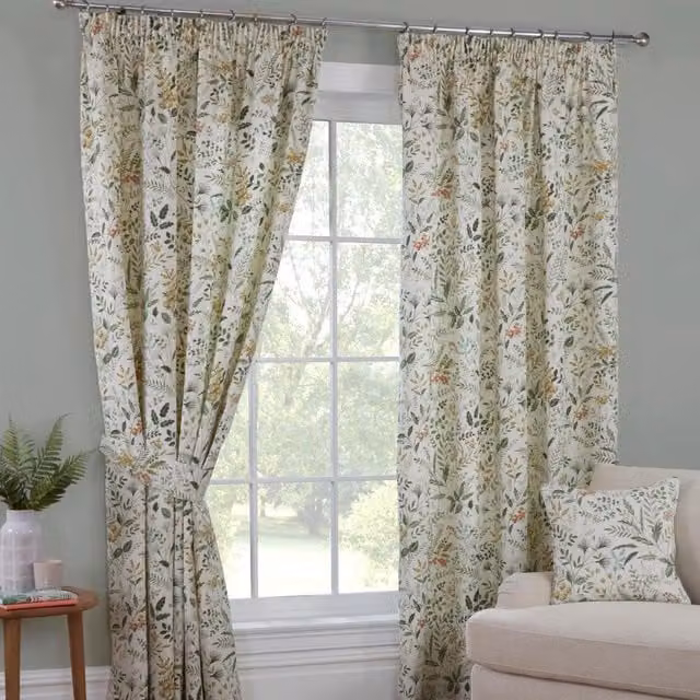 Sundour Cleo Floral Pencil Pleat Semi-Transparent Fabric Curtains, Multicolour White and Green, H: 167.64 cm, W: 137.16 cm