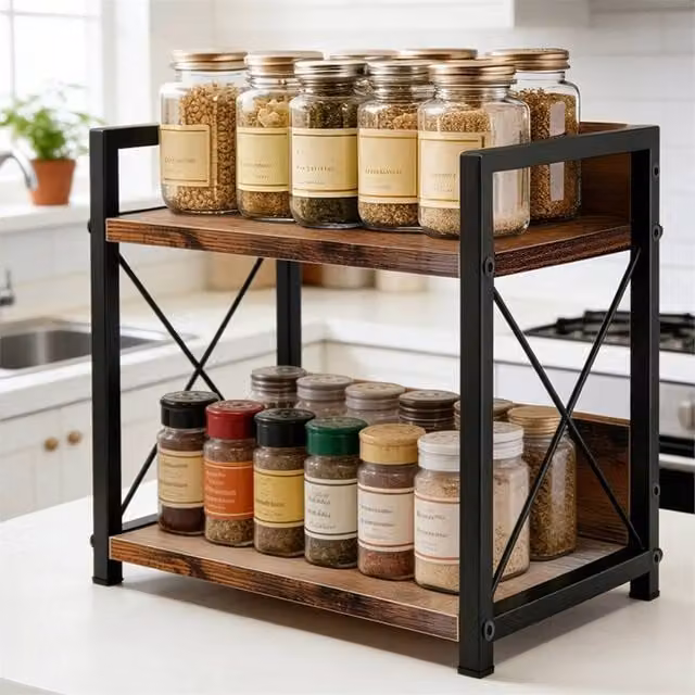 Nordara 2-Tier Black Wood Spice Rack and Herb Jar Kitchen Storage Organiser Shelf Holder