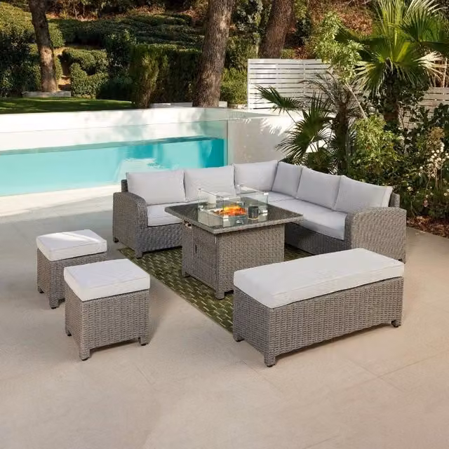 Home Detail Hadley L-Shape 5 Seater Rattan Garden Sofa Set with Fire Pit Table in Grey – 1