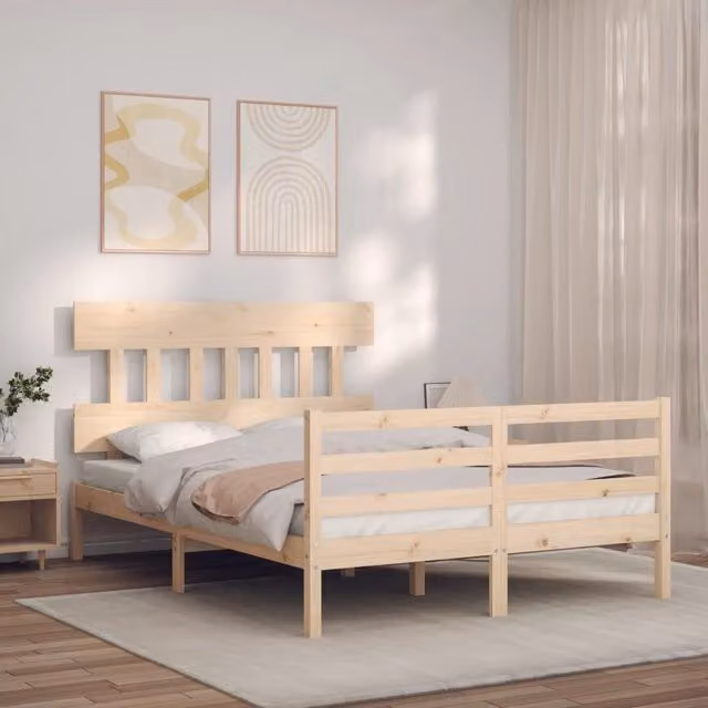 Berkfield Home Small Double Solid Wood Bed Frame with Headboard in Brown Pine