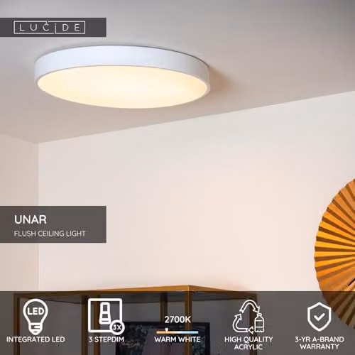 Lucide UNAR Dimmable LED Flush Ceiling Light, White, Diameter: 49.5 cm – 2