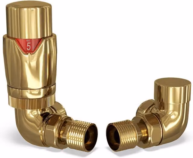 Stirling Bold Antique Brass Thermostatic Radiator Valve and Lockshield Corner Set in Polished Brass