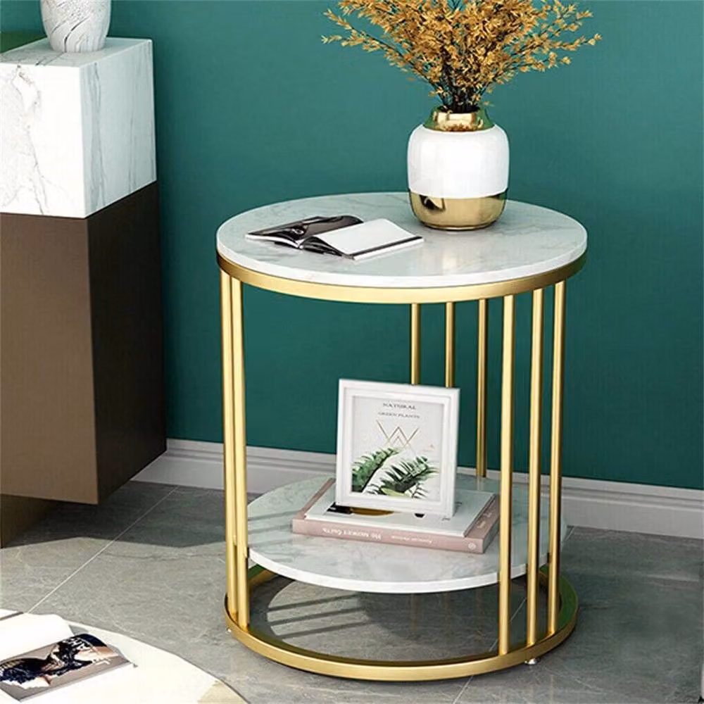 VOGREX Round Marble Side Table with 2 Tier Storage Shelf in Gold and White – 4