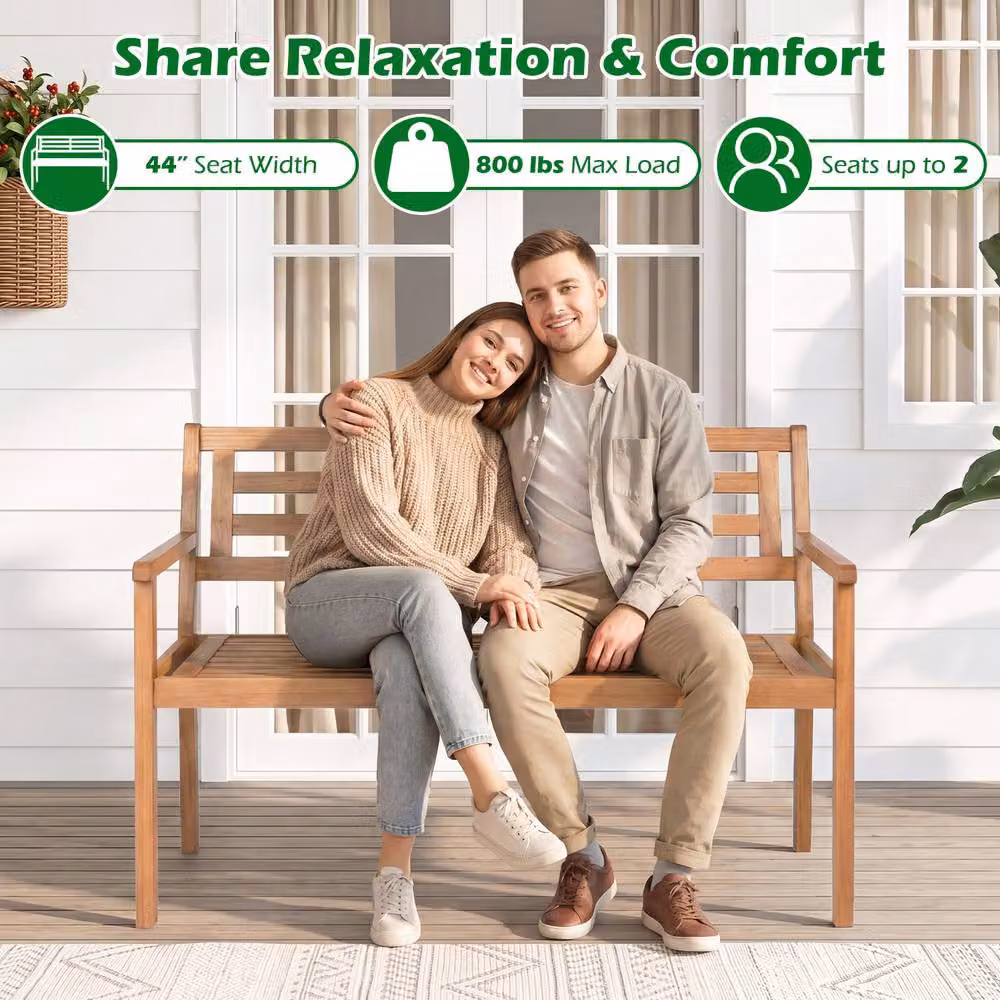 Costway 2-Person Outdoor Acacia Wood Loveseat Bench in Natural Brown, Width: 119 cm – 3