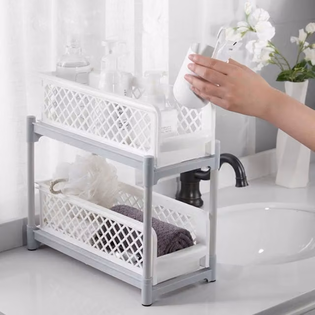 Livingandhome 2-Layer Sliding Storage Basket for Kitchen or Bathroom, White