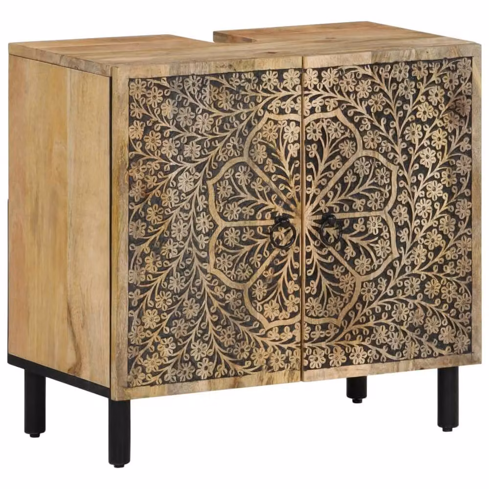 Berkfield Home 2 Piece Bathroom Furniture Set in Brown Solid Mango Wood with Vanity Unit and Mirror Cabinet – 1