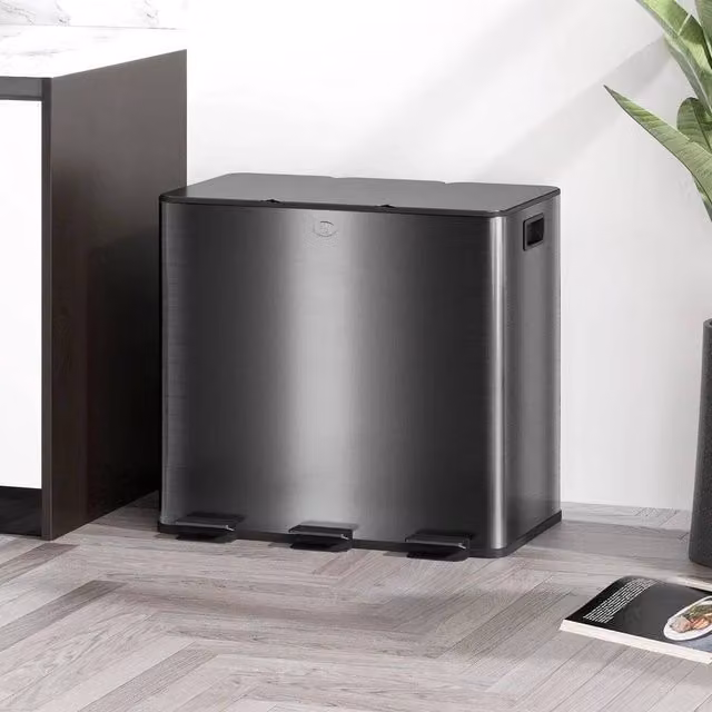 EONLION 3 Compartment Triple Metal Pedal Bin in Black, Height: 100 cm – 1