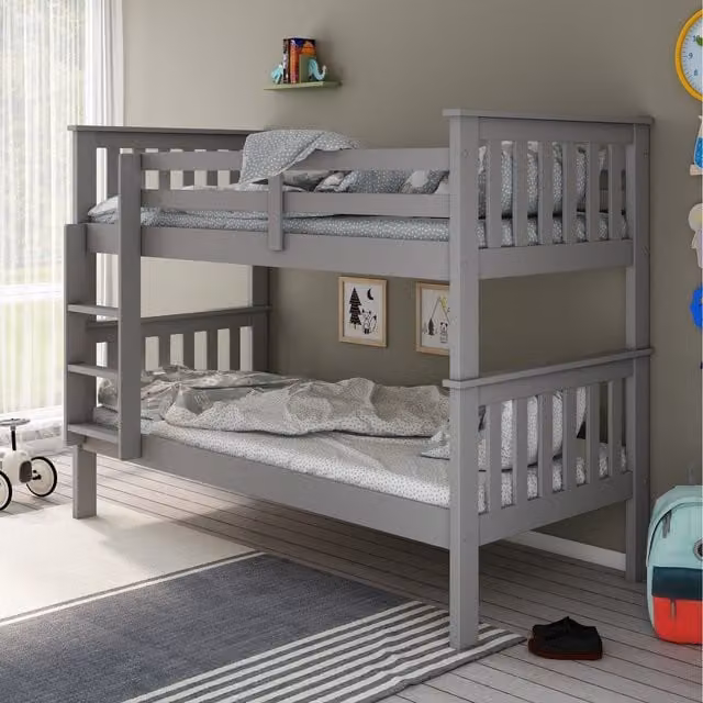 Bedmaster Carra Grey Solid Wood Single Bunk Bed with Orthopaedic Spring Mattresses 90x190 cm