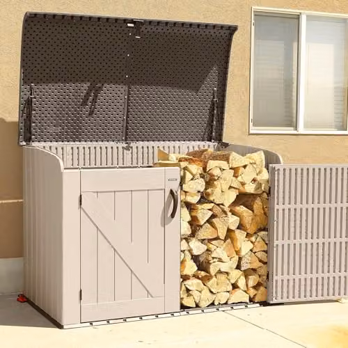 LIFETIME 60170 Heavy Duty Low Plastic Garden Storage Box in Desert Sand and White, W/D/H: 183.0 x 122.0 x 42.0 cm – 8