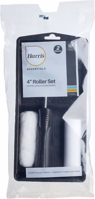 Harris Essentials 4 Inch Mini Gloss Paint Roller Set with Frame for Water Based Paints, 4 Piece, Black and White – 1