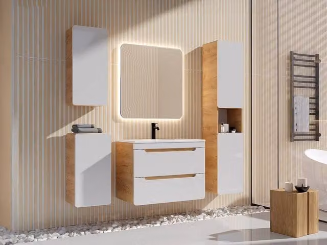 Vente-unique Modern Wall-Mounted Bathroom Vanity Unit with Inset Basin and Integrated LED Lighting in Light Oak – 1