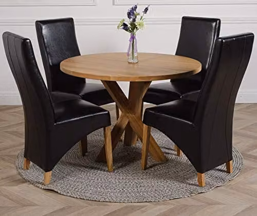 Thats Furniture Oregon Round Oak Dining Table and 4 Lola Black Leather Chairs Set, Diameter: 110 cm, Height: 76 cm – 1