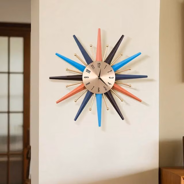 Livingandhome Large Metal Starburst Decorative Wall Clock in Multicolour and Gold, Diameter: 55 cm