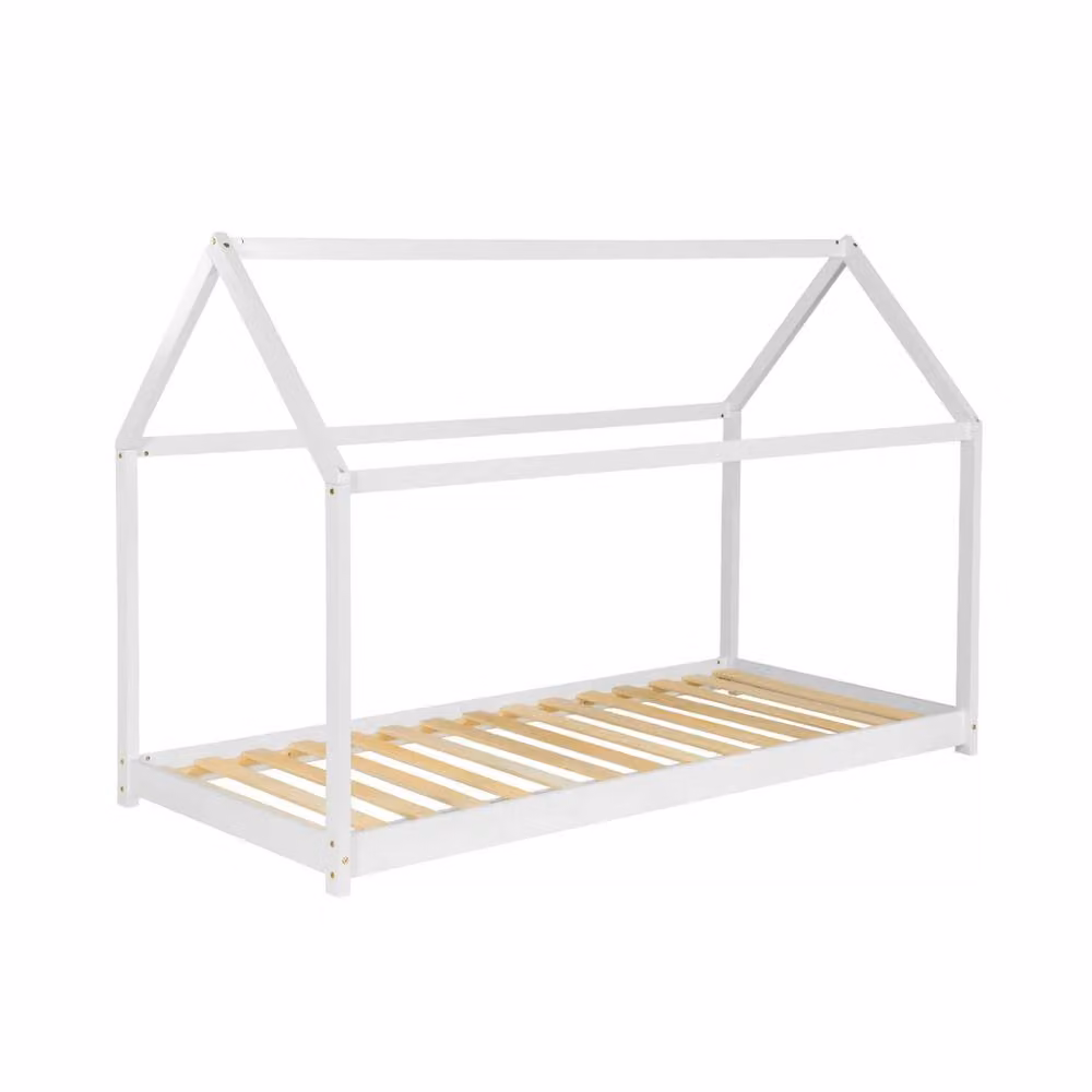 sweeek Children's Hut Bed in Natural Pine with Bed Base, White, W/D/H: 90 x 190 cm – 2
