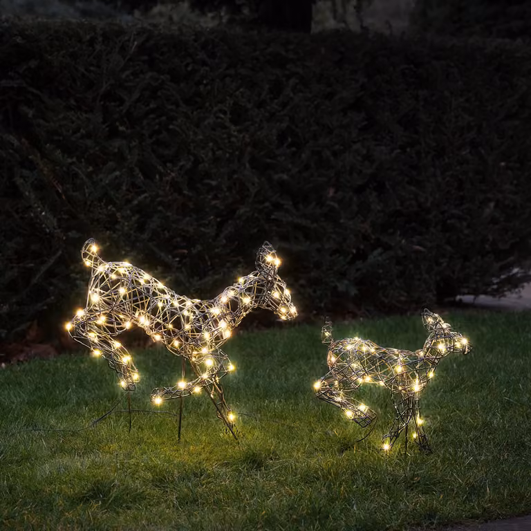 Lights4fun Mini Harlow Leaping Doe and Fawn Reindeer Duo with 120 Warm White LED Lights, White, Height: 50 cm and 35 cm