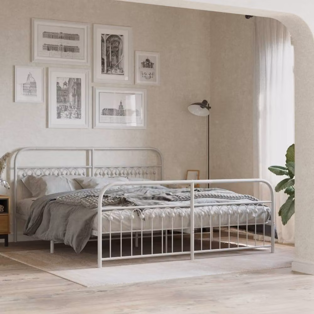 Berkfield Home Metal Bed Frame with Footboard, White, W: 183 cm, D: 203 cm – 2
