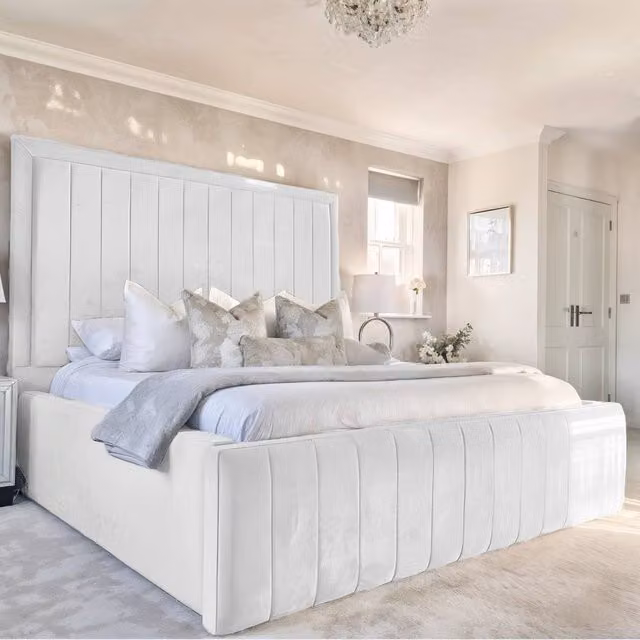 UK Bed Furniture Geneva Ottoman Gas Lift Upholstered Bed in White, Size: 200 x 200 cm