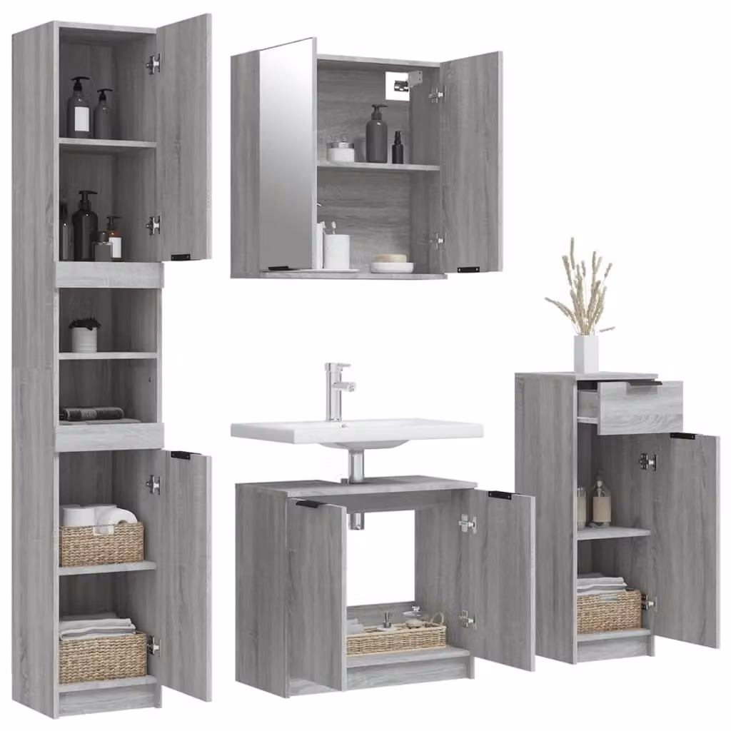 Berkfield Home 4 Piece Modern Grey Bathroom Cabinet Set with Hinged Doors and Internal Shelves – 2