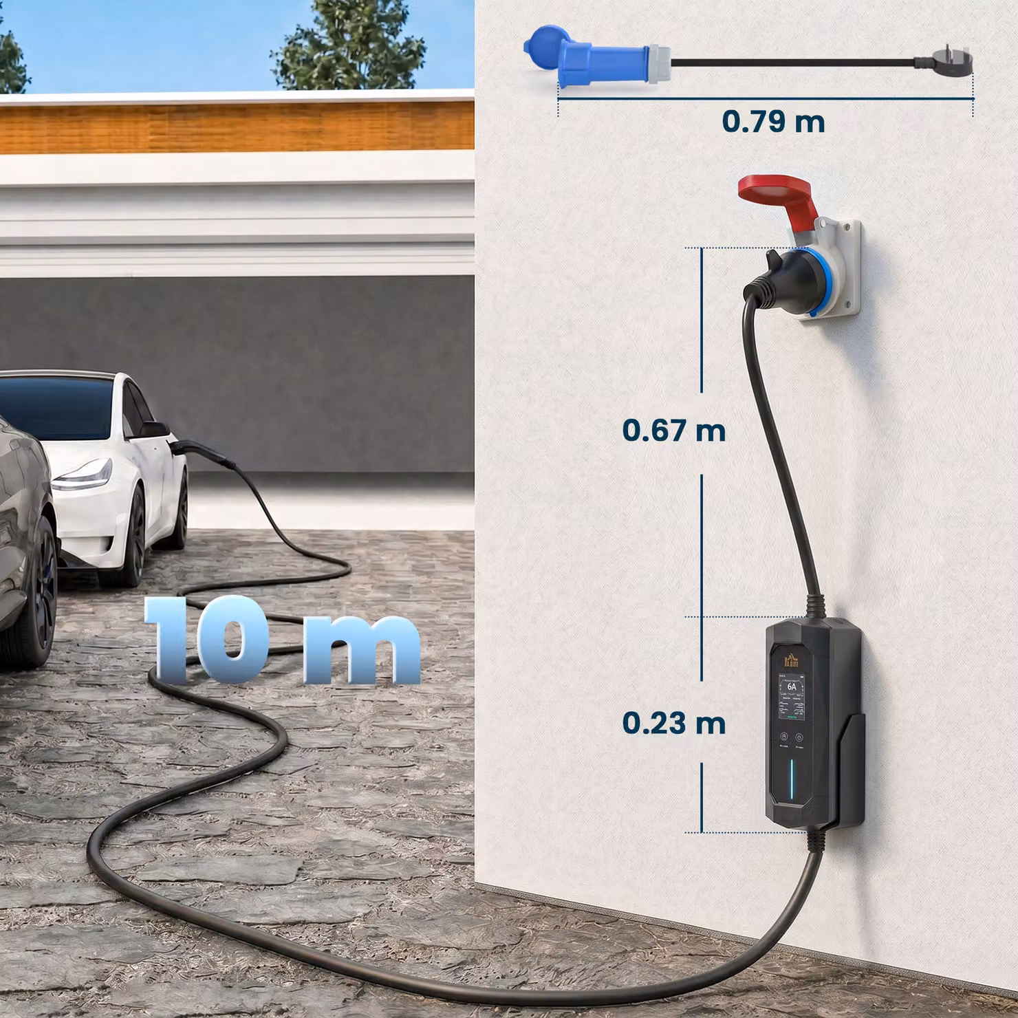 HOMCOM 7kW Type 2 Electric Car Charger with CEE 32A Plug, UK Adapter and 10 m Cable, Black – 3