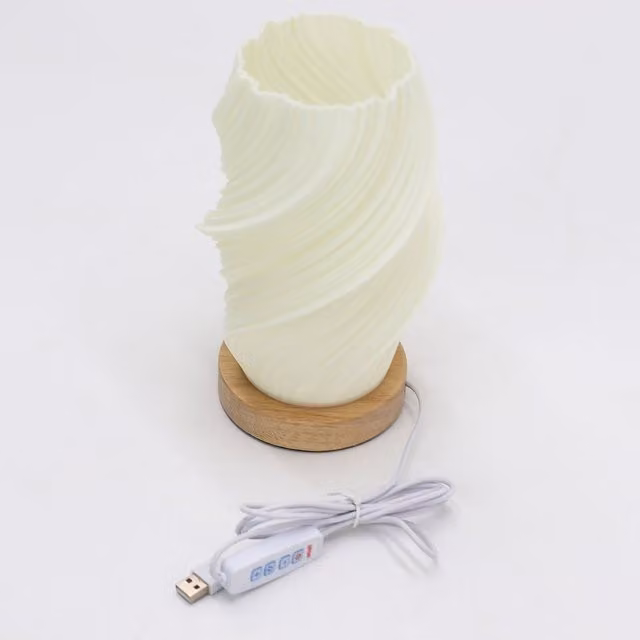 KDMK Cloud Twisted USB Tabletop Lamp in White and Wood with Modern Organic Design