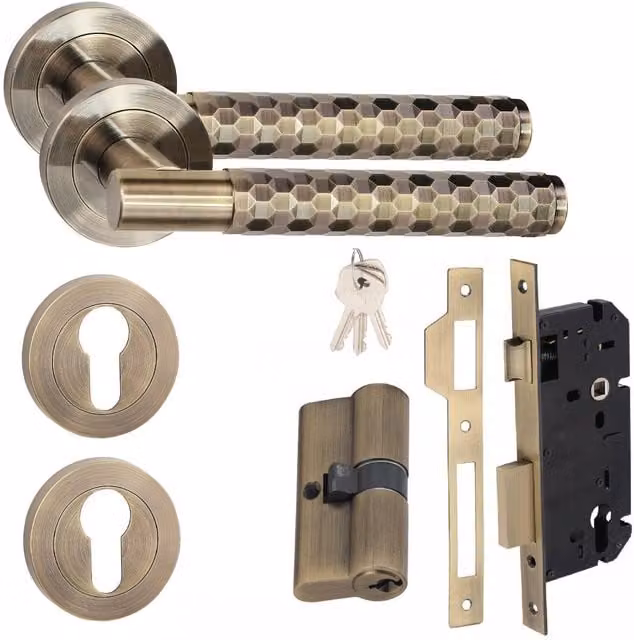 Golden Grace Brass T-Bar Euro Lock Door Handle Set with Key Barrel and Key in Gold and Bronze