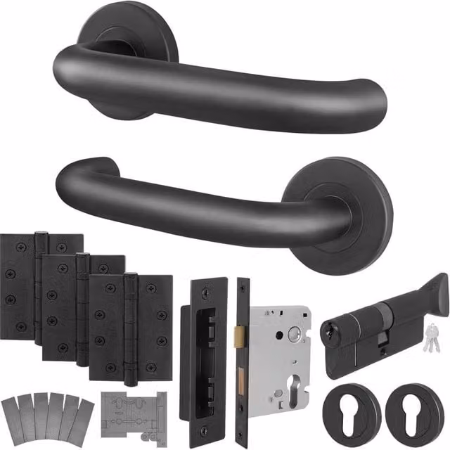 AFIT Matt Black Stainless Steel Fire Rated Return to Door Handles with Euro Thumb Turn and Hinges, 15 x 15 cm – 1