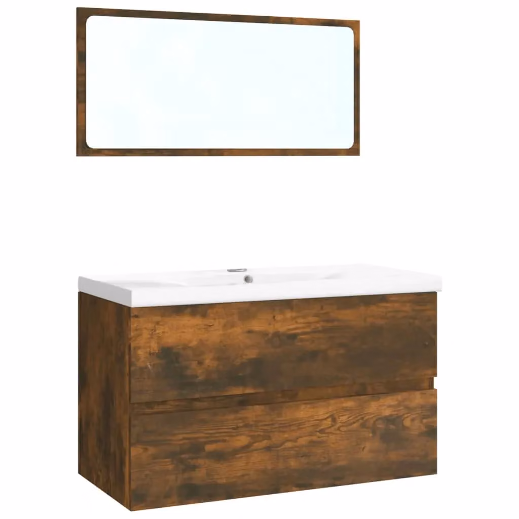 Berkfield Home Modern Bathroom Furniture Set in Smoked Oak Brown with Vanity Unit and Mirror Cabinet – 2